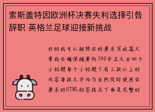 索斯盖特因欧洲杯决赛失利选择引咎辞职 英格兰足球迎接新挑战